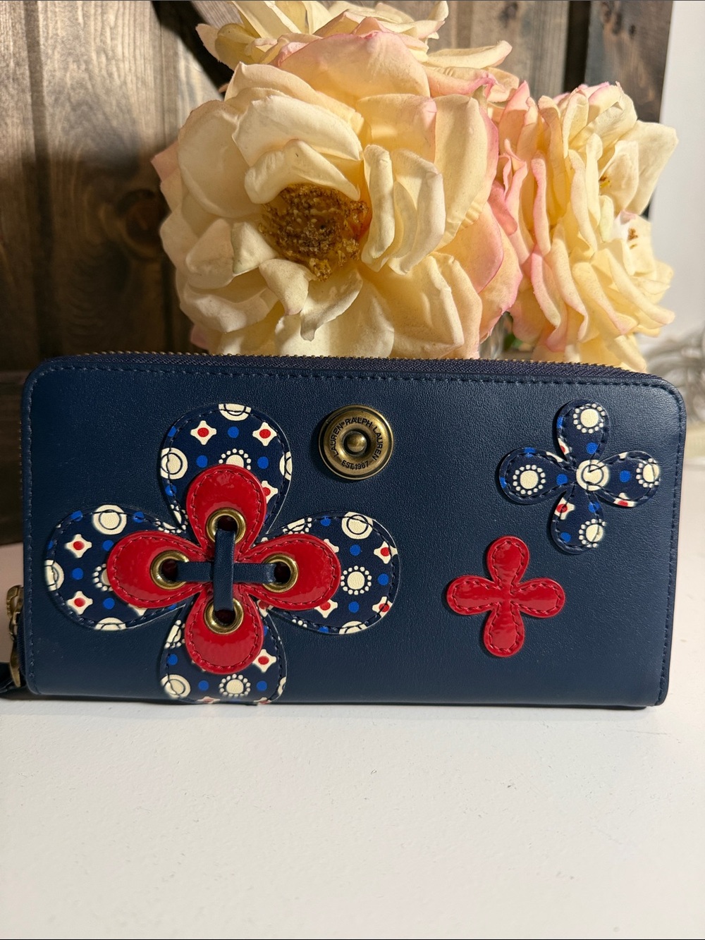 Lauren Ralph Lauren Navy Leather Zip Wallet with Red Floral Appliqués nwot